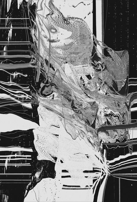A black and white abstract artwork with distorted glitch-like effects, featuring halftone patterns, geometric lines, and ink splatters.