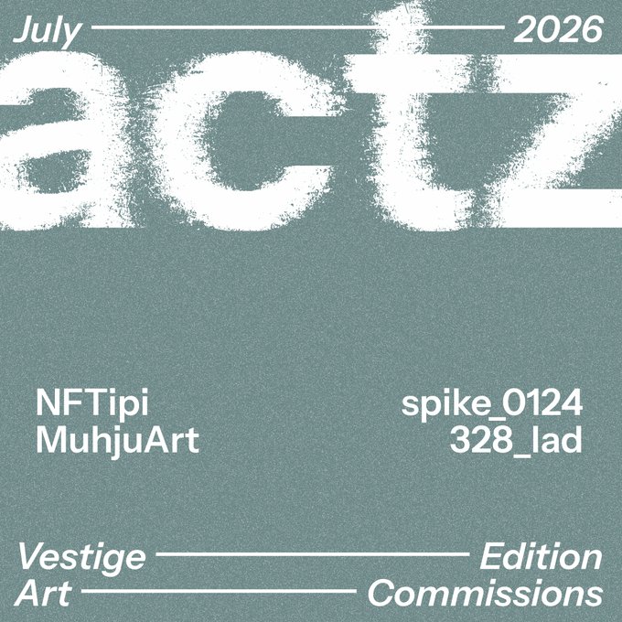 The image features a poster for an art exhibition called "acts" that took place in July of this year. The poster has white text with black outlines, displaying the name of the event and the dates. It also includes information about the artists who participated in the exhibition and the special guests who were present at the opening bid. The poster is set against a blue background, which contrasts nicely with the white text.