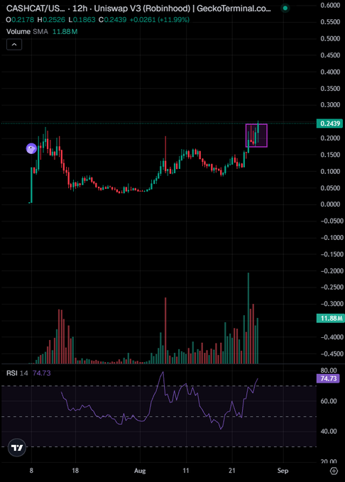 A TradingView chart of CASHCAT/USDT on Uniswap V3 (Robinhood) shows a recent breakout to $0.2439 (up 11.99%) with RSI at 74.73, supporting the post's claim of the token hitting all-time highs and being Robinhood's largest market cap memecoin.