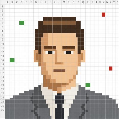 A pixel art portrait of a man in a gray suit and black tie on a spreadsheet grid with letter/number coordinates, featuring small red and green square markers.