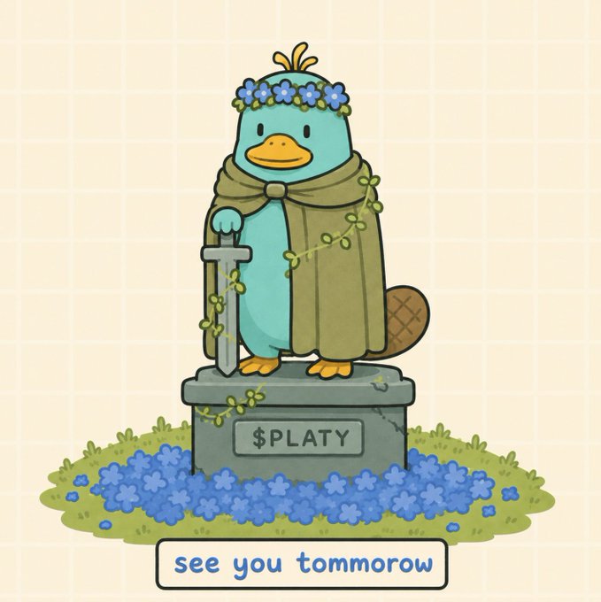 A cartoon platypus wearing a cape and flower crown stands on a pedestal labeled "$PLATY" holding a sword, with the text "see you tomorrow" below.