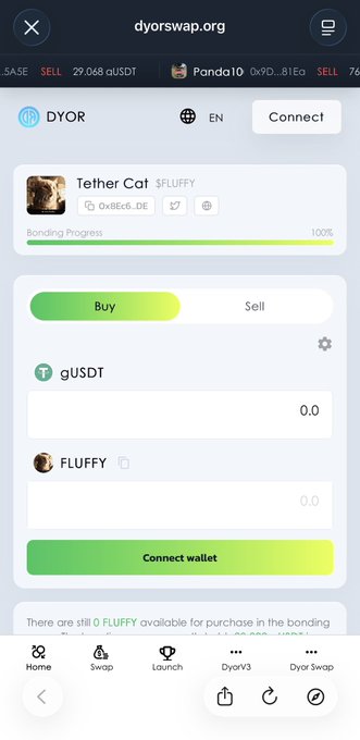A mobile screenshot of the dyorswap.org cryptocurrency platform showing a bonding curve for 'Tether Cat $FLUFFY' with Buy/Sell options and wallet connection.