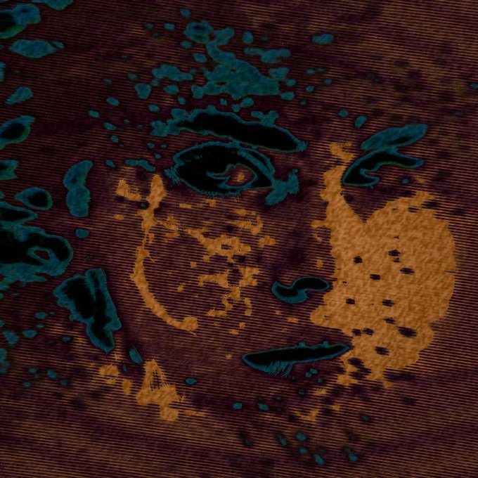An abstract digital artwork with a textured maroon background featuring teal and orange organic, face-like shapes with eyes and dotted patterns.
