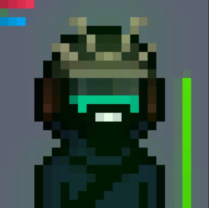 A pixel art character wearing a dark helmet with a glowing cyan visor, set against a plain background with a green vertical bar.