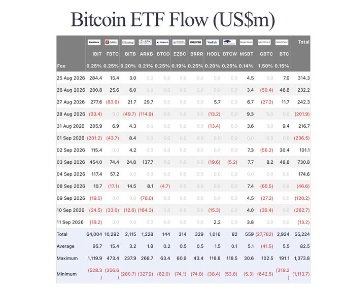 A data table titled 'Bitcoin ETF Flow (US$m)' showing daily inflows/outflows for various ETFs including IBIT, FBTC, BITB, ARKB, BTCO, EZBC, BRRR, HODL, BTCW, MSBT, GBTC, and BTC, with totals reaching 55,224.
