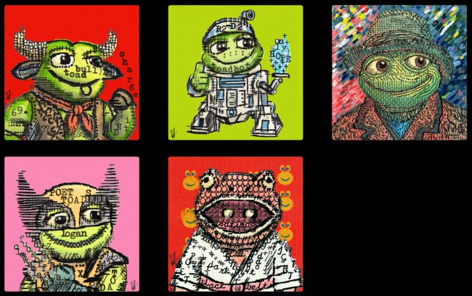 Five pop-art style illustrations depict anthropomorphic frog characters in various costumes and settings, including ones labeled 'bull toad', 'ROADHOUSE', 'PORT TOAD', and 'logen'.
