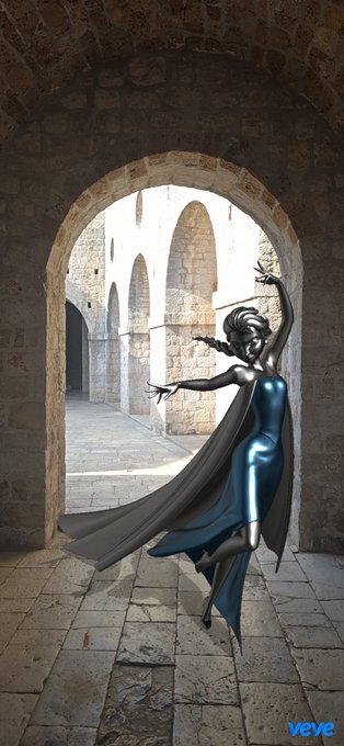 A 3D digital rendering from the Veve app showing a chrome and blue metallic figure of a woman in a flowing dress dancing in a stone archway.