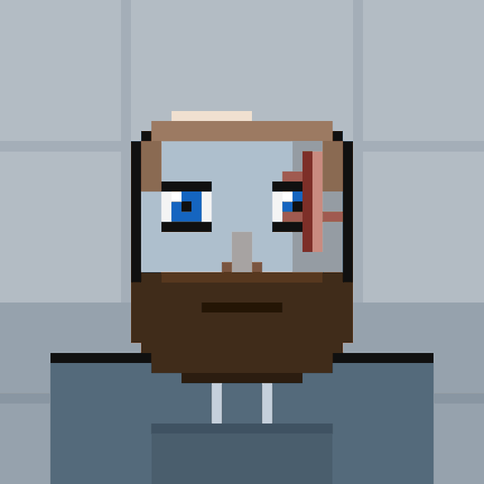 A pixel art portrait of a bearded man with brown hair and blue eyes against a tiled background, featuring a reddish scar or mark on the left side of his face.