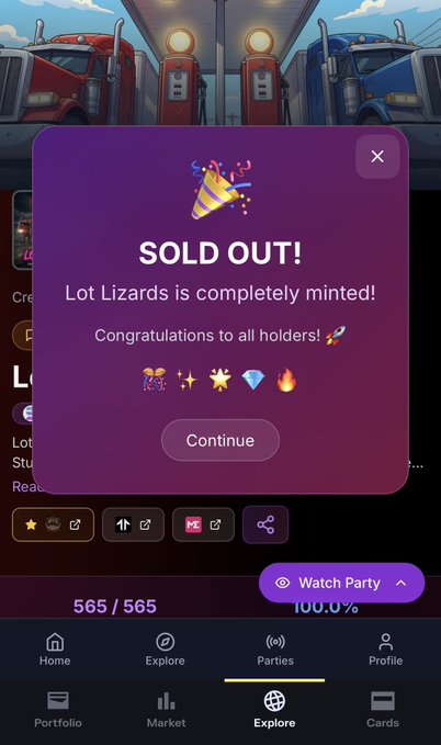 A mobile app screenshot showing a "SOLD OUT!" notification that says "Lot Lizards is completely minted! Congratulations to all holders!" with rocket and star emojis, set against a background of cartoon trucks and a bottom navigation bar showing "Watch Party 100.0%".