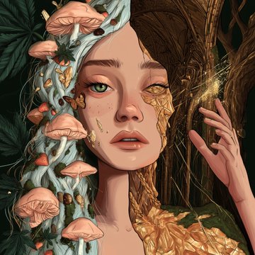 A fantasy-style digital illustration portrays a woman with green and amber eyes, golden accents on her face, and braided hair intertwined with mushrooms, butterflies, and foliage.
