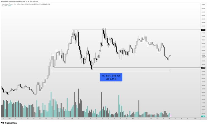 A TradingView chart of $HYPE shows the stock ranging between approximately $50 and $75 over the past two months, with horizontal support and resistance lines drawn at these levels and volume bars displayed below. The chart visually confirms the sideways consolidation mentioned in the post, illustrating the setup the author considers an attractive long-term buying opportunity in the mid-$50s and below.