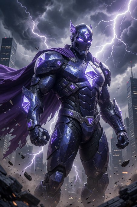 A powerful armored superhero with purple and dark metallic plating, glowing diamond-shaped chest emblem, and tattered cape stands triumphantly amid stormy skies with lightning bolts, set against a cityscape backdrop. The image evokes $ETH's strong Saturday performance, symbolizing the cryptocurrency's mighty resilience and electric energy surging through the digital markets.