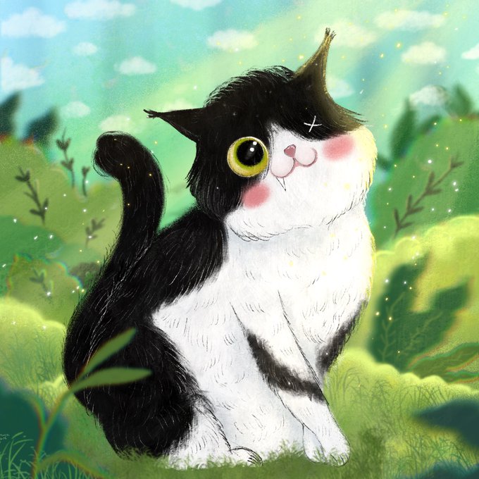 The image features a black and white cat sitting in a grassy area, with its head tilted upwards as if looking at something or someone. The background of the image includes trees and bushes, creating an impressionistic style that emphasizes the natural elements within the scene. The caption "Gn fam Taki - 1/1 - 0.055" is likely a reference to the artist's signature or a description of the artwork.