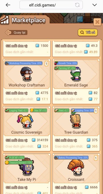 A screenshot of the elf.cidi.games/ Marketplace showing various characters for sale including Workshop Craftsman (1500), Emerald Sage (49.3), Cosmic Sovereign (314159), Tree Guardian (375), Take My Pi, and Croissant, with prices in Vietnamese đồng.