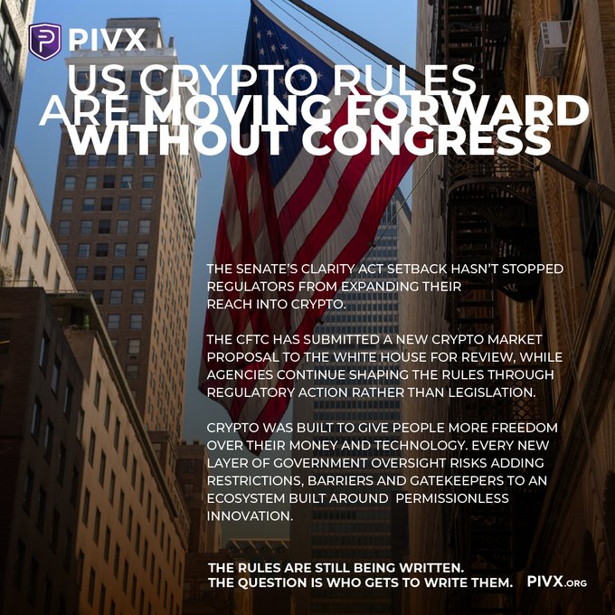 A PIVX promotional graphic over an American flag reads 'US CRYPTO RULES ARE MOVING FORWARD WITHOUT CONGRESS,' discussing the CFTC's new crypto market proposal and regulatory expansion.