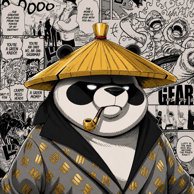 A colored illustration of Master Roshi from Dragon Ball, wearing his signature straw hat, sunglasses, and gold-patterned Hawaiian shirt while smoking a pipe, set against a black-and-white manga panel background featuring dialogue like "GREATER YOUR RISK FROM THE FANGS OF MY DESTINY!" and "LUFFY IS THE MAN WHO WILL BECOME THE PIRATE KING!!!"—reflecting the poster's excited return to collecting with a case of One Piece card game OP13.