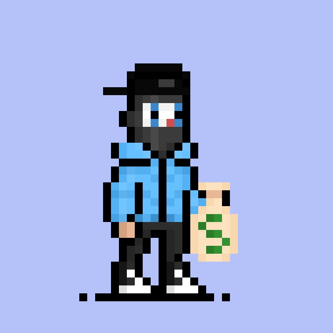 Pixel art character wearing a black cap, blue jacket, and holding a beige object, rendered against a light purple background.