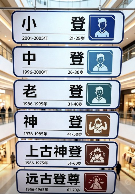 A signboard in a mall humorously categorizes people by birth year and age into six "登" (level) tiers: 小登 (2001-2005, 21-25岁), 中登 (1996-2000, 26-30岁), 老登 (1986-1995, 31-40岁), 神登 (1976-1985, 41-50岁), 上古神登 (1966-1975, 51-60岁), and 远古登尊 (1956-1965, 61-70岁). The accompanying post invites viewers to find their tier and share how they feel, playfully acknowledging that older "登" levels experience growing limitations with age.