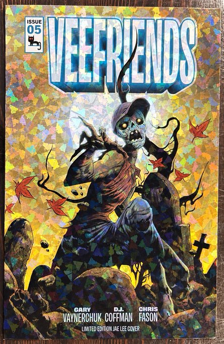 A comic book cover for 'VEEFRIENDS ISSUE 05' featuring a creepy, zombie-like character emerging from a graveyard with red leaves, credited to Gary Vaynerchuk, D.J. Coffman, and Chris Fason.
