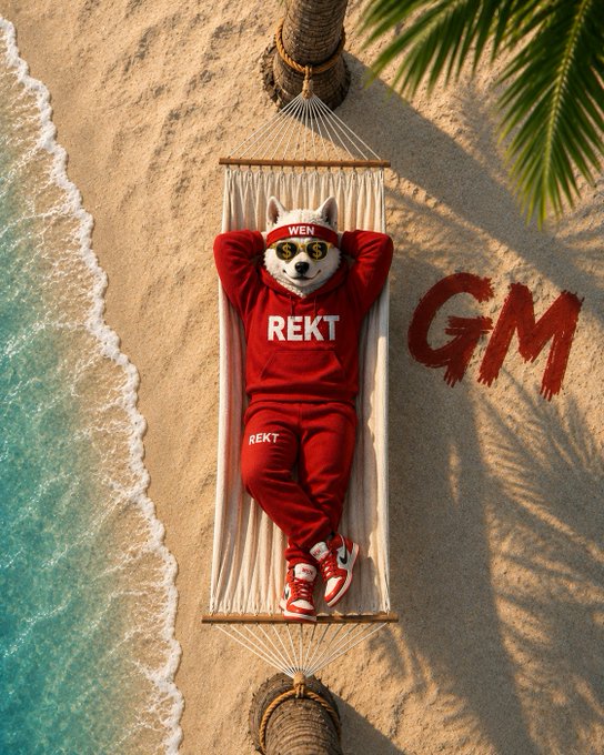 An AI-generated image of a cat-like figure wearing a red tracksuit with 'REKT' written on it and a headband saying 'WEN', relaxing in a hammock strung between palm trees on a sandy beach next to the ocean, with 'GM' written in the sand.