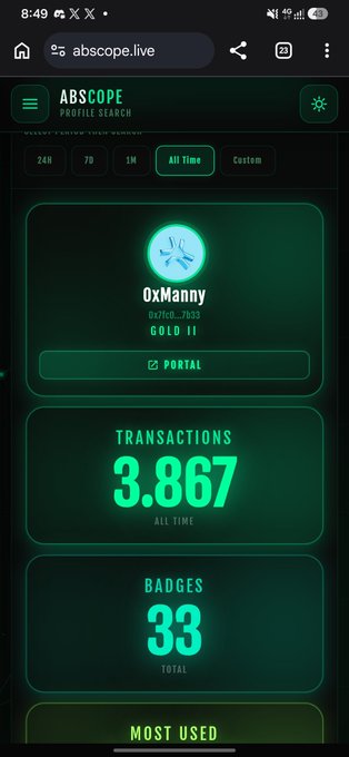 A mobile screenshot of the abscope.live website displaying a profile for 'OxManny' (0x2fed...7b33) with a Gold II rank, 3,867 all-time transactions, and 33 total badges in a green-themed interface.