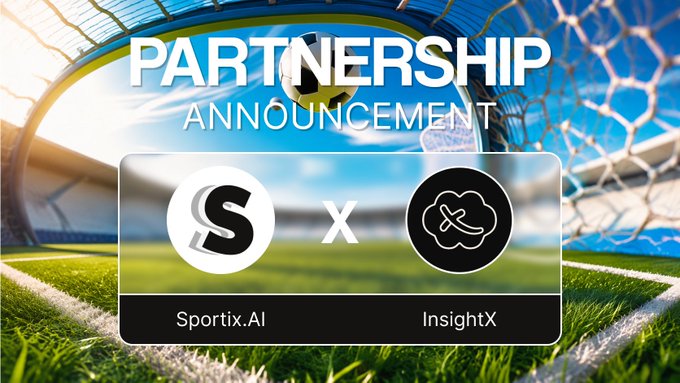 A 'PARTNERSHIP ANNOUNCEMENT' graphic between Sportix.AI and InsightX, set against a background of a soccer goal and field.