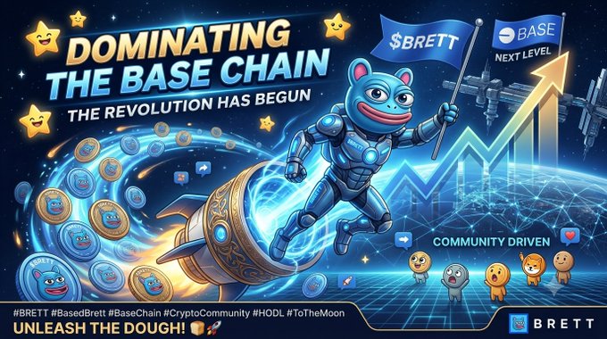 A promotional graphic features a cartoon cat in a spacesuit riding a rocket, with text reading "DOMINATING THE BASE CHAIN - THE REVOLUTION HAS BEGUN" along with crypto-related hashtags and "$BRETT" branding.