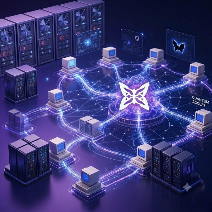 A digital illustration depicting a network of servers, retro computers, and a central glowing butterfly logo connected by streams of light, with a label reading 'QUANTUM ACCESS'.
