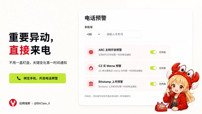 The image is a promotional graphic for BitClaw's phone alert service (比特龙虾 / @BitClaw_X), displaying a phone number binding interface with toggle-enabled notifications for ARC mainnet launches (ARC 主网开放预警), CZ's meme purchases (CZ 买Meme预警), and Bitstamp listings (Bitstamp 上市预警). It ties into the post by advertising early phone-call alerts for Bitstamp listings, supporting the claim that tokens like $PONS, $INDEX, $STONKBROKER, and $JUGGERNAUT will likely hit Bitstamp before Robinhood.