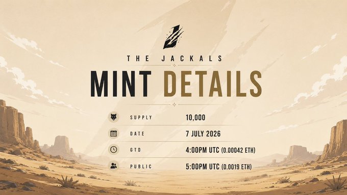 A promotional graphic for "The Jackals" NFT mint details, set against a desert landscape backdrop, listing a supply of 10,000, mint date of 7 July 2026, GTD pricing at 4:00 PM UTC (0.00042 ETH), and public pricing at 5:00 PM UTC (0.0019 ETH), which complements a giveaway announcement offering 50 GTD mint spots in exchange for following, retweeting, and submitting an EVM address.