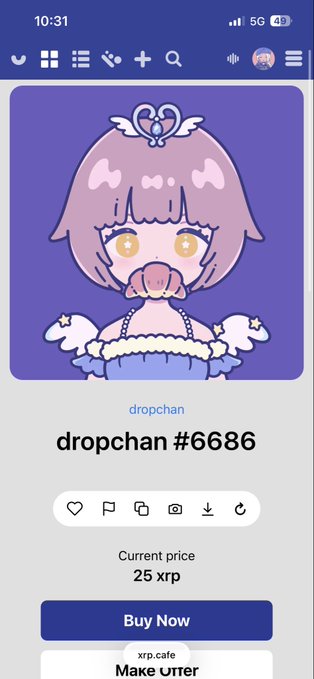 A mobile interface for an NFT marketplace showing a purple-themed anime-style character labeled 'dropchan #6686' with a current price of '25 xrp' and a 'Buy Now' button.