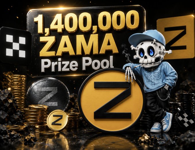A promotional graphic announces a '1,400,000 ZAMA Prize Pool' featuring a skull character in blue clothing next to a large gold Z coin and stacks of gold.