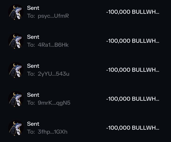The image displays a series of transaction records showing multiple sends of "-100,000 BULLWH..." tokens to various recipients (psyc...UfmR, 4Ra1...B6Hk, 2yYU...543u, 9mrK...qgN5, 3fhp...1GXh), corroborating the post's claim of distributing $BULLWHALE tokens to tagged users including @psychononumber and @adeonsol.