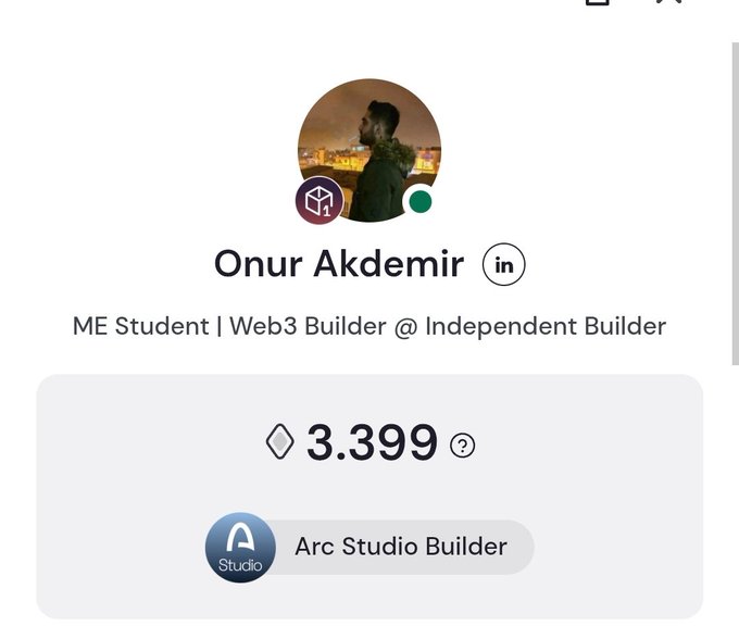 A profile card for Onur Akdemir, an ME Student and Web3 Builder, showing a balance of 3.399 ETH and a badge for 'Arc Studio Builder'.