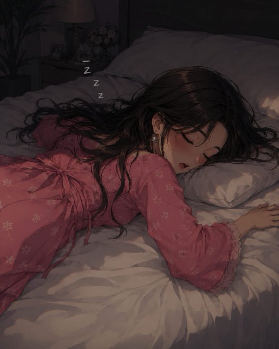 An anime-style illustration of a girl with long dark hair sleeping on a bed in a dark room, wearing a pink floral dress with 'Z' symbols indicating sleep.