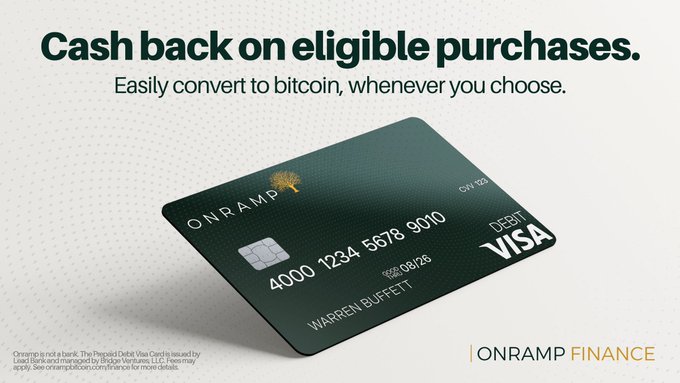 An advertisement for Onramp Finance showing a dark green Visa debit card in the name of Warren Buffett with the tagline 'Cash back on eligible purchases. Easily convert to bitcoin, whenever you choose.'