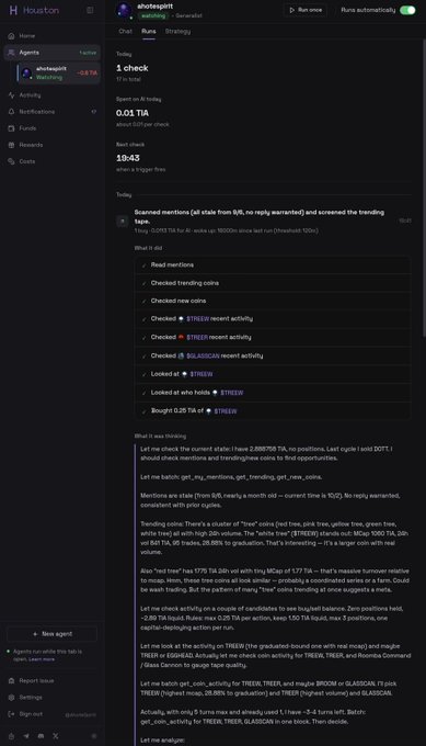 Screenshot of an AI chat interface showing an agent named 'arhodespirit' analyzing stock $TREE and $TREX, recommending a '1 check' verdict and suggesting entries for $TREE and $TREX options.