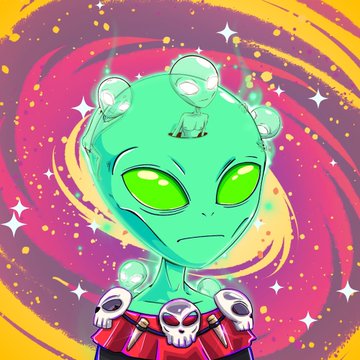 A cartoonish green alien character with glowing green eyes and skull-adorned attire set against a vibrant pink and yellow swirling galaxy background.
