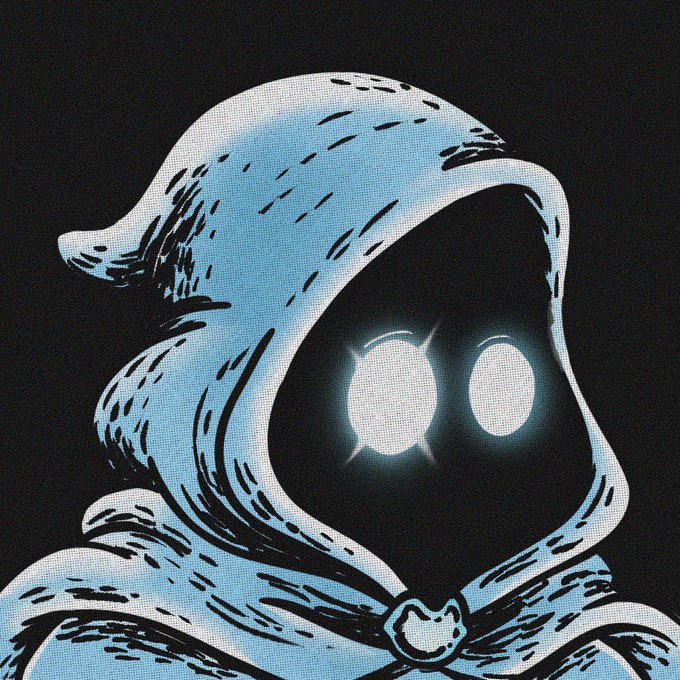 A stylized, comic book-style illustration of a mysterious cloaked figure with glowing white eyes set against a dark background.