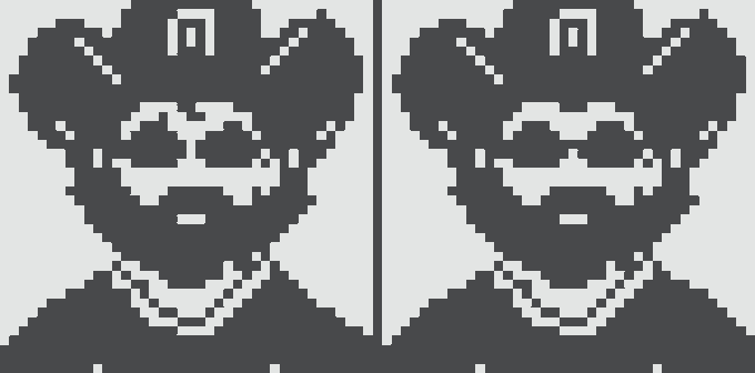 Pixel art style image showing two identical mirrored portraits of a figure wearing a cap and sunglasses.