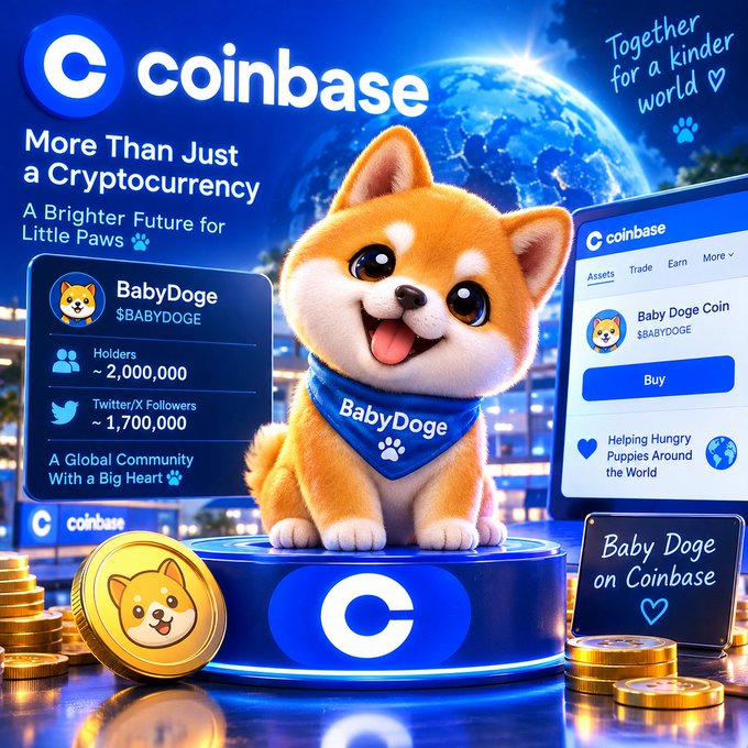 A promotional graphic for Coinbase featuring BabyDoge ($BABYDOGE) with text stating 'More Than Just a Cryptocurrency: A Brighter Future for Little Paws' and 'Together for a kinder world', alongside stats like 'Holders ~2,000,000' and a screenshot of Baby Doge Coin on the platform.