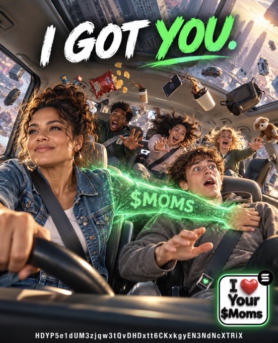 A meme-style movie poster titled "I GOT YOU." showing a chaotic car scene where a woman drives while passengers panic as money flies around, with "$MOMS" and an "I ❤ Your $Moms" logo, plus the token address "HDYP5e1dUM3zjqw3tQvHDxtt6CKxkgyEN3NdNcXTRIX" at the bottom.