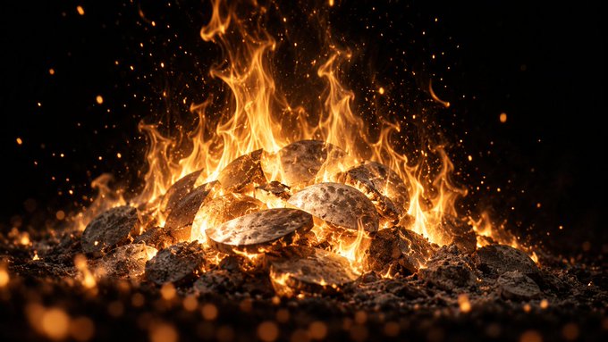 A close-up photograph of a roaring campfire, with bright orange flames dancing over burning logs and glowing embers against a dark night sky.