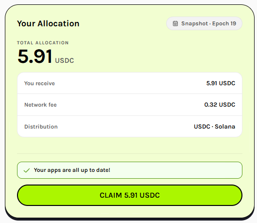 Screenshot of a crypto reward claim interface showing a total allocation of 5.91 USDC with a 0.32 USDC network fee, distributed on Solana via a 'Claim 5.91 USDC' button.