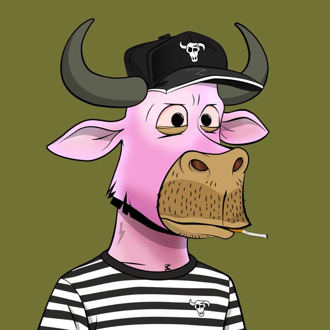 A cartoon illustration of a pink cow or bull wearing a black baseball cap with a bull skull logo, a black and white striped shirt, and holding a cigarette in its mouth.