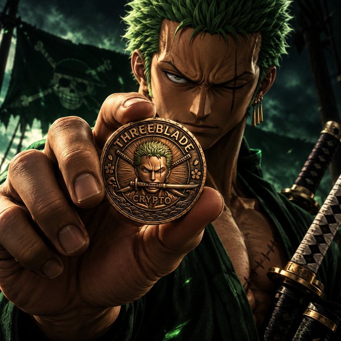 A fierce, anime-styled Zoro-like swordsman with green hair holds up a bronze coin engraved with "THREEBLADE CRYPTO" featuring his likeness, while a pirate flag with a skull waves behind him, visually embodying the imminent listing and adventurous spirit of the $ZORO/#threeblade memecoin.