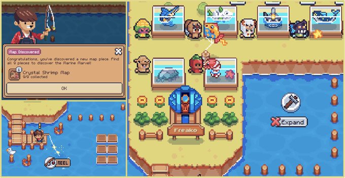 The image shows a video game screen with various elements related to the game, such as characters, objects, and gameplay instructions. The main focus of the image is a character named Ronin who has just secured his first seasonal Mutant Fish, Crystal Shrimp! in the game. Ronin's character is shown standing next to a large crystal shrimp that he has caught using his fishing rod. 

The background of the screen features a beach scene with an ocean and boats, which adds to the overall gaming atmosphere. The image also includes text elements such as "Congratulations you're now found a map" and "Expand", indicating that Ronin's character is progressing through different levels or expanding his fishing area in the game.