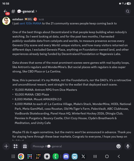 A Discord screenshot shows a message from esteban (DCL) announcing he sent 105k MANA to the top 21 Decentraland community scenes, including Antrom RPGs (15,000), CBD Plaza (10,000), Mount AMAIXEN 2.0 (8,000), and others.