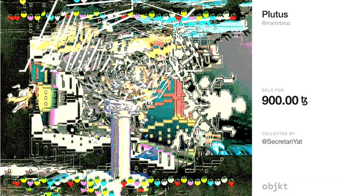 A glitch-art NFT titled 'Plutus' by @martinbruc, sold for 900.00 Ł and collected by @SecretariYat on the Objkt platform.
