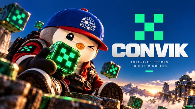 A promotional image for 'CONVIK' featuring a penguin-like mascot in a blue cap holding a glowing green pixelated cube, with the tagline 'TOKENIZED STOCKS BRIGHTER WORLDS' against a sky background.